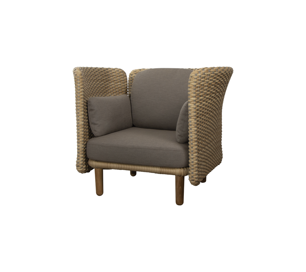 Stylish armchair featuring woven sides and a plush seat cushion, perfect for comfort and modern design aesthetics.