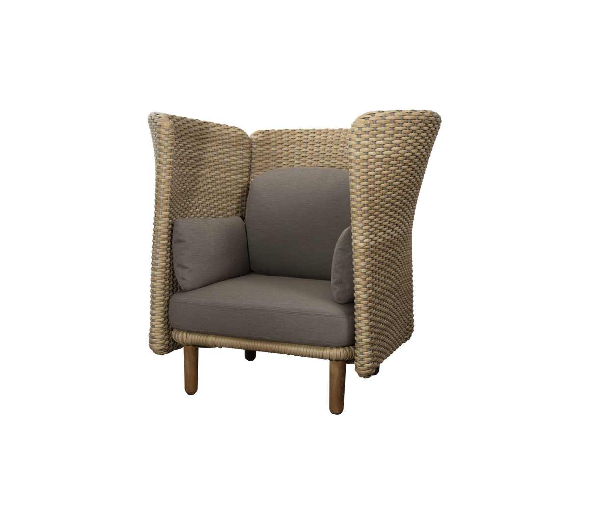 Stylish armchair with a woven design and plush gray cushions, featuring high sides for added comfort and privacy.