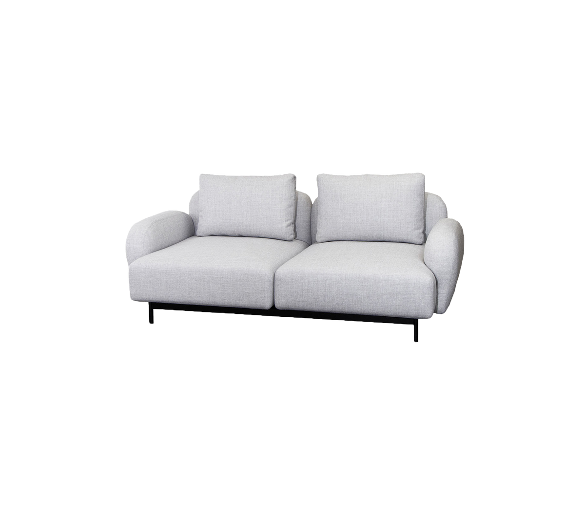A modern two-seater sofa in light gray fabric with plush cushions and a sleek black base, offering comfort and style.