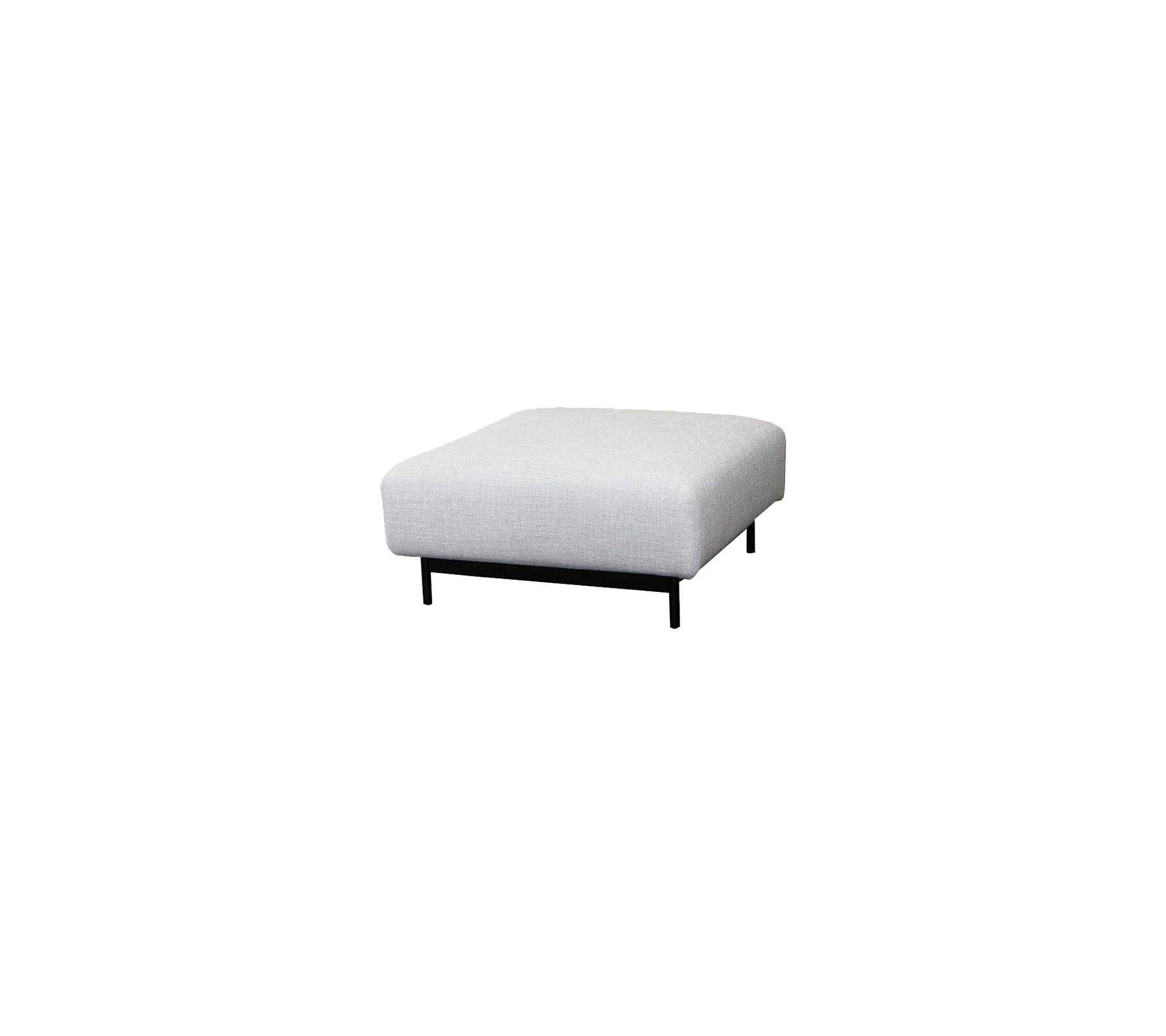 Square ottoman with a light gray fabric surface and sleek black legs, perfect for versatile seating or footrest options.