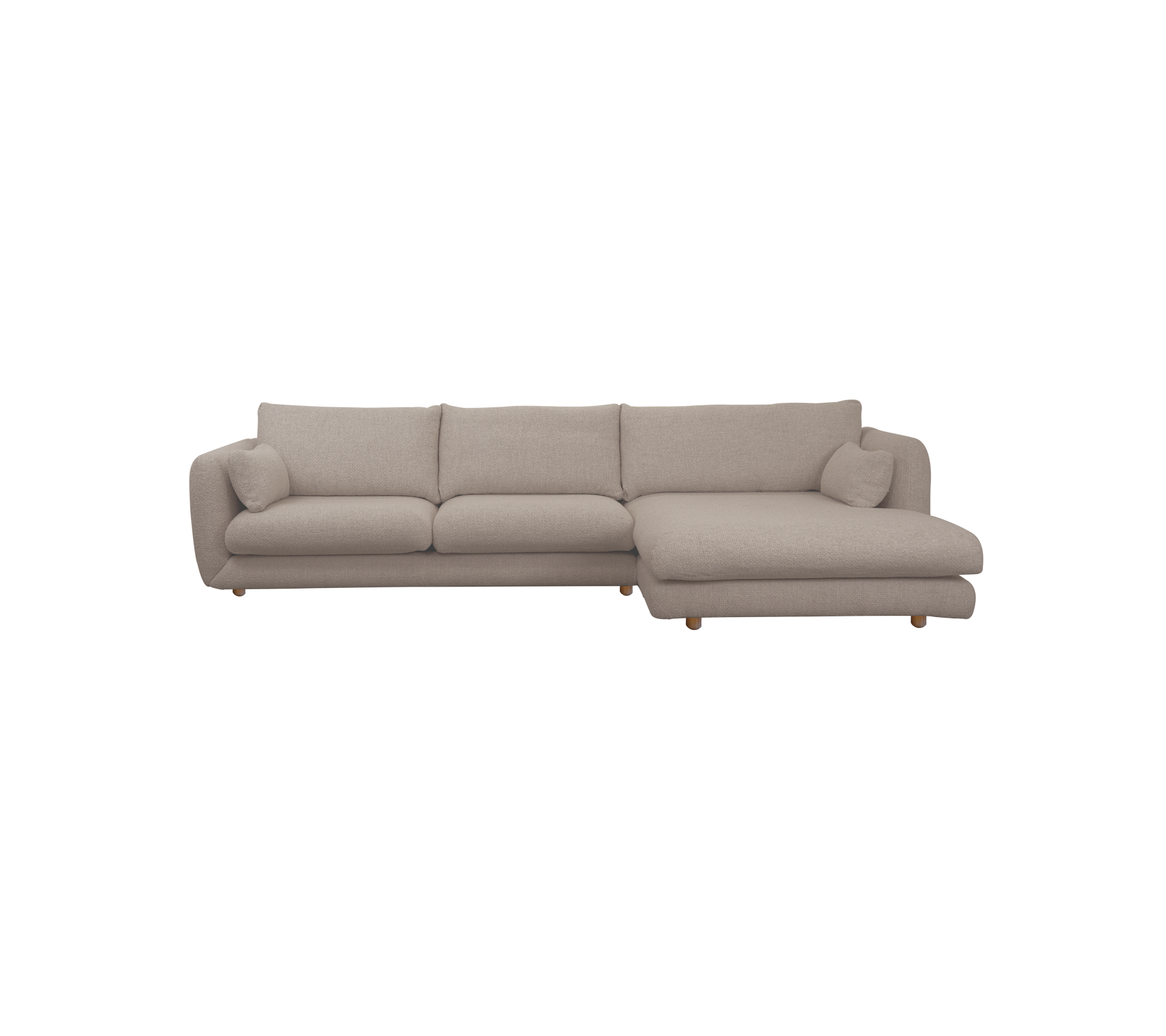 Light brown sectional sofa with cushions in a modern lounge setting.