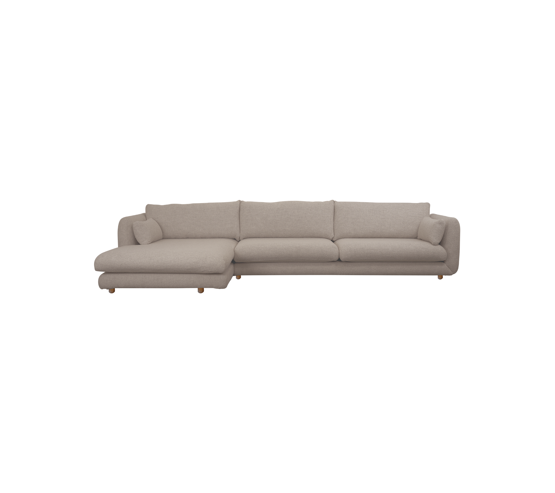 Light brown modern sofa with a chaise section.