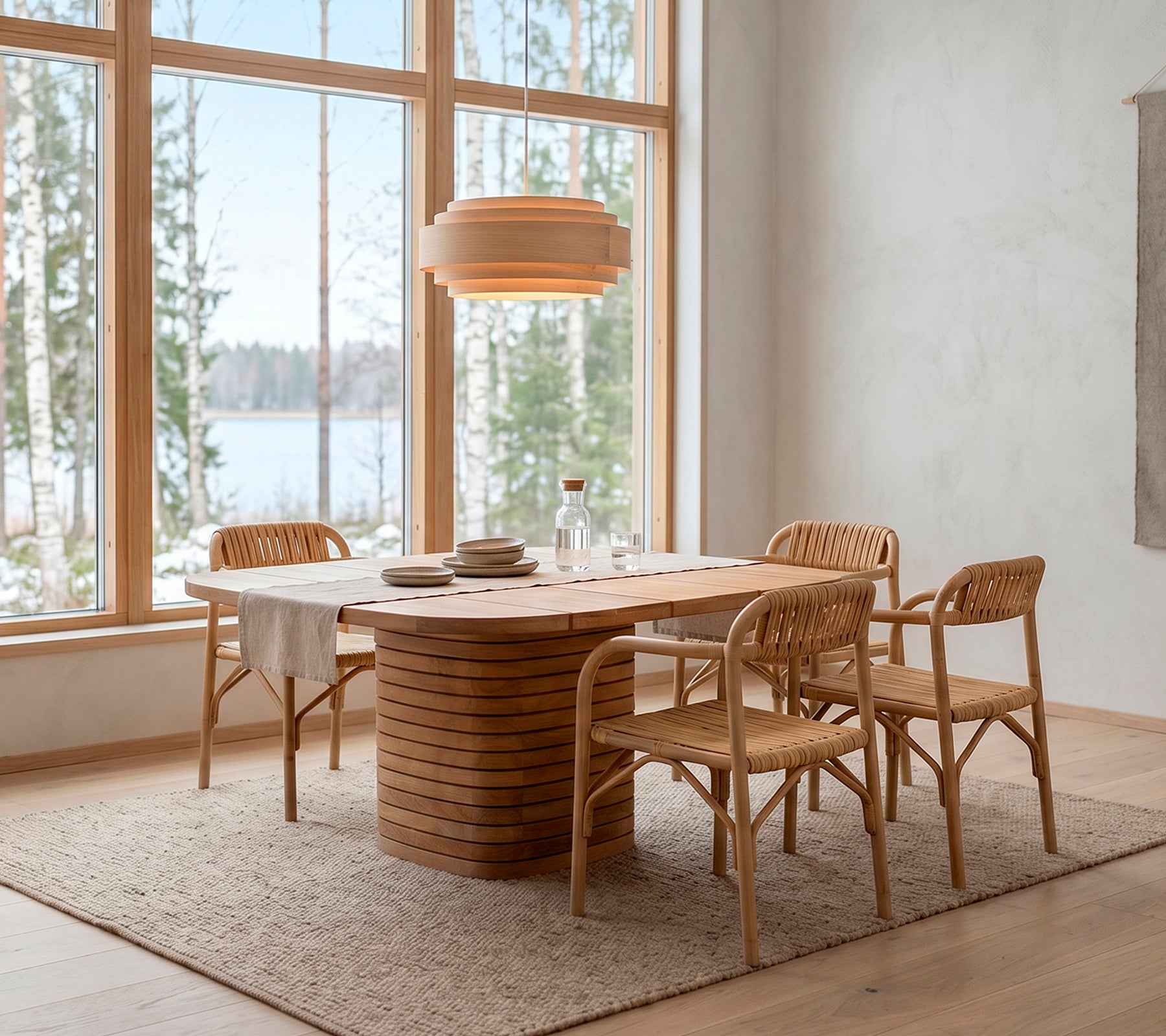 Modern wooden dining table surrounded by rattan chairs in a Scandinavian setting.