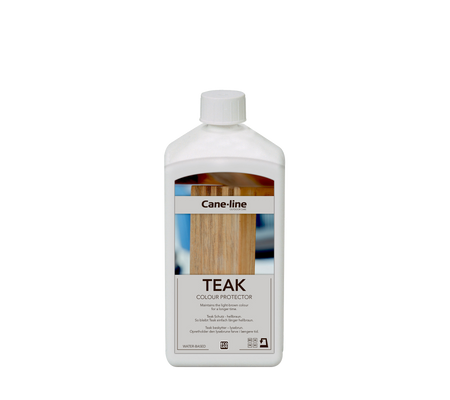 Container of teak color protector by Cane-line, designed to maintain and enhance the appearance of teak wood surfaces.