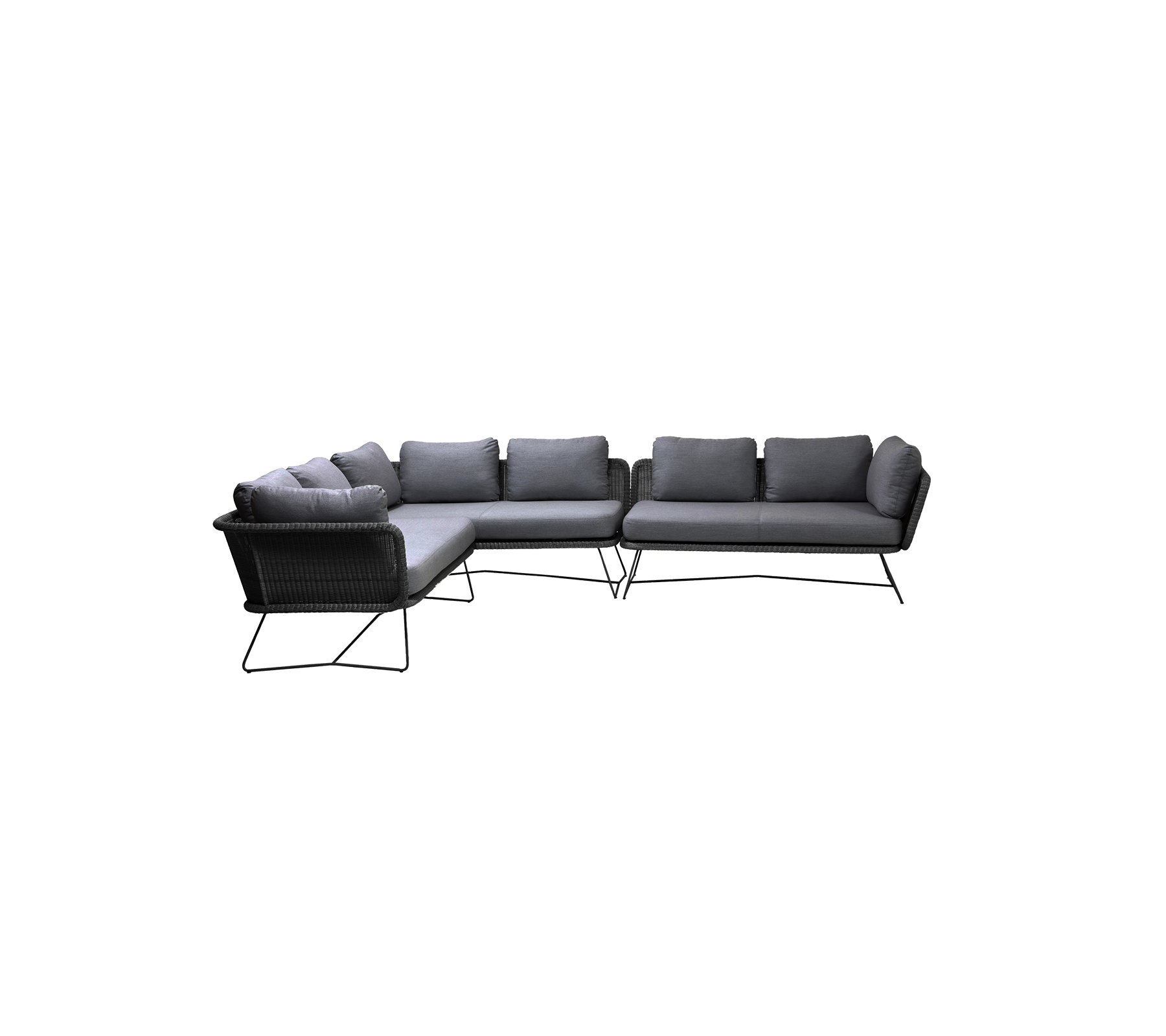 L-shaped black outdoor sectional sofa with plush grey cushions, designed for comfort and style. Ideal for relaxing spaces.